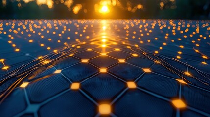 Obraz premium Sunset over solar panel field, energy generation