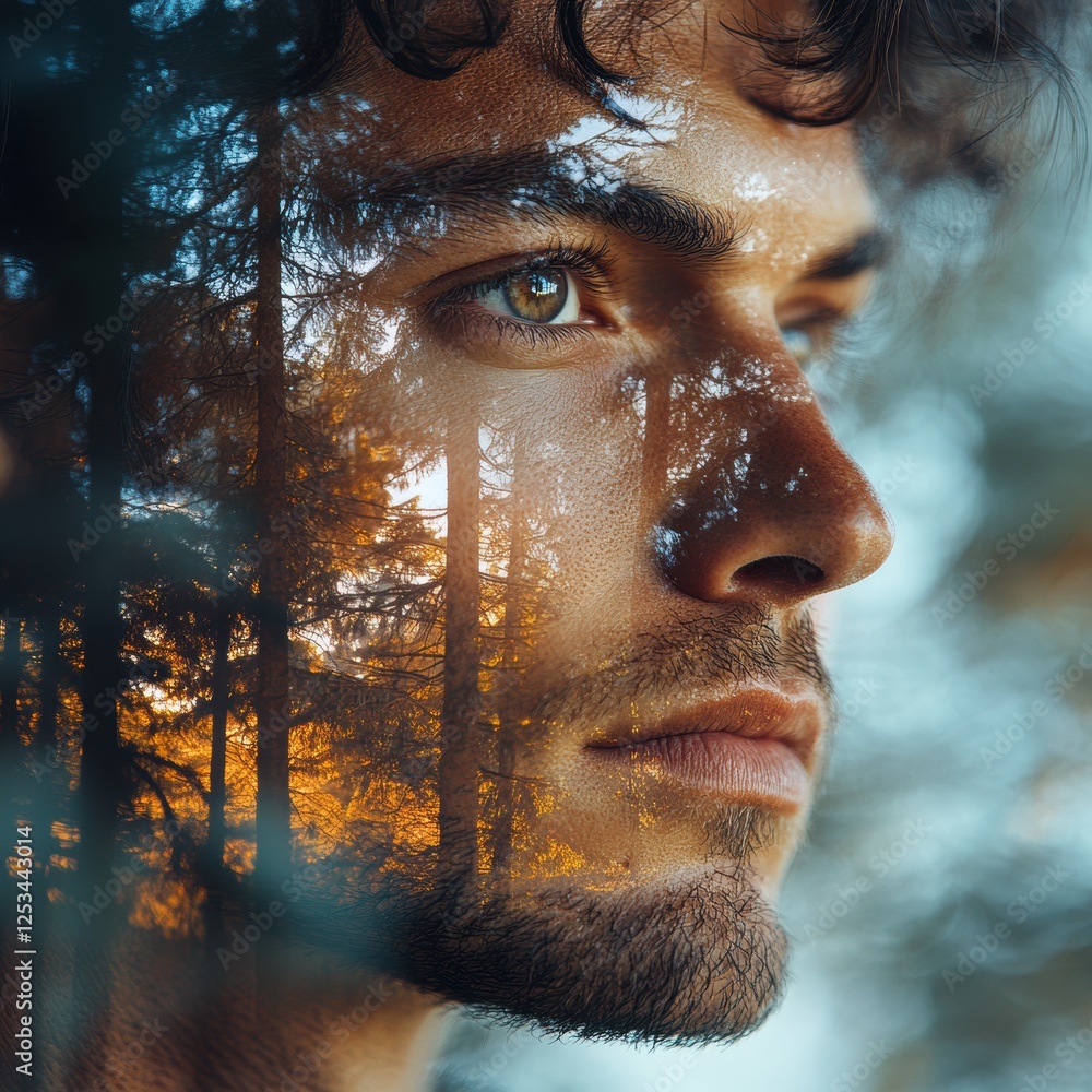 Poster portrait of a young man with a serene expression and a forest reflection captured in golden hour lig