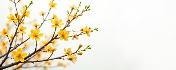 Delicate branches tangled with golden flowers against a crisp white backdrop, floral, landscape
