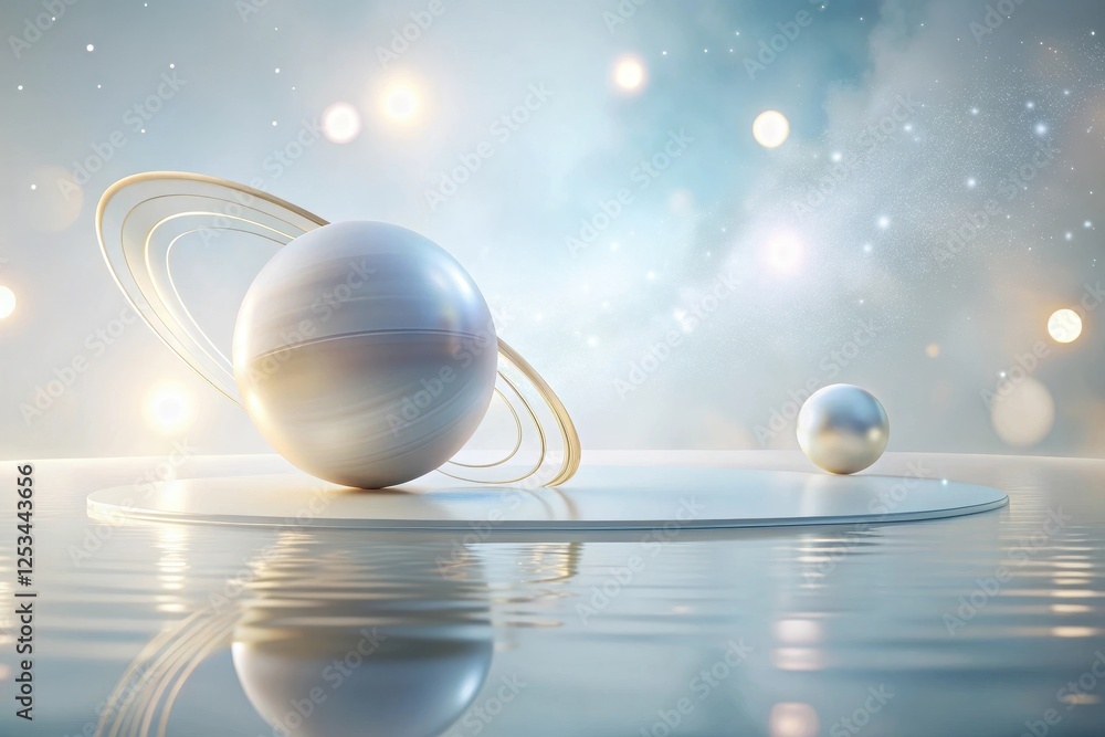 Wall mural serene celestial sphere with rings on reflective surface and small orb in ethereal cosmic setting