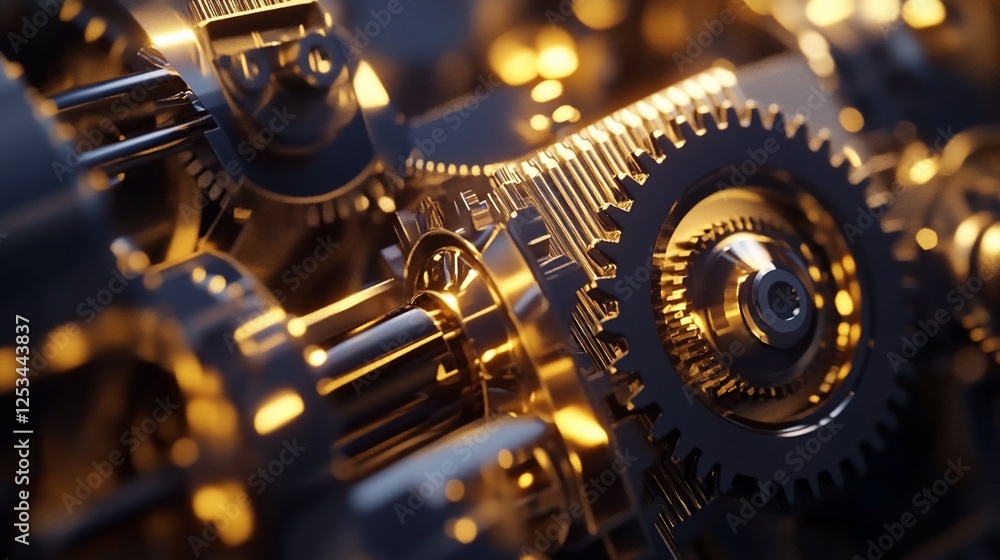 Poster close-up of interconnected golden gears and rods creating a mechanical structure