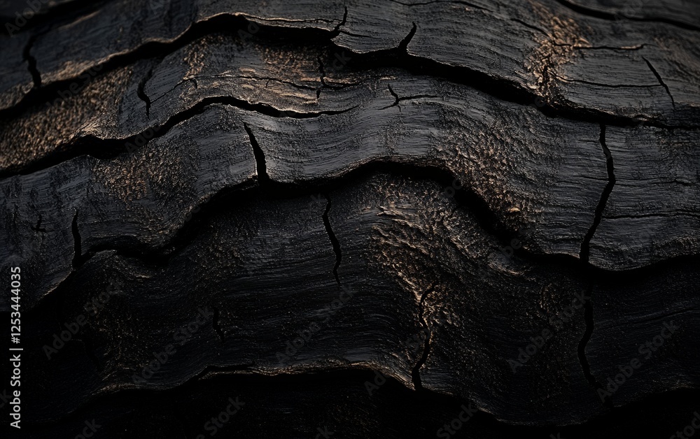 Poster high-resolution closeup of burnt charred wood texture with deep cracks and rough surface showcasing 
