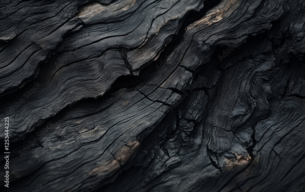 Poster dark and textured charred wood with deep cracks and rough burnt surface perfect for natural backgrou