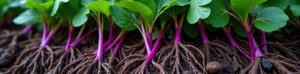 Roots of purple flower stems tangled in dry leaves, , stem, leafy greens