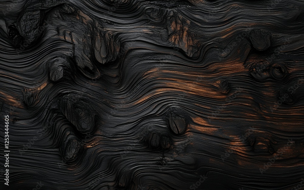 Poster black charred wood surface with unique burnt texture and flowing natural patterns for artistic abstr