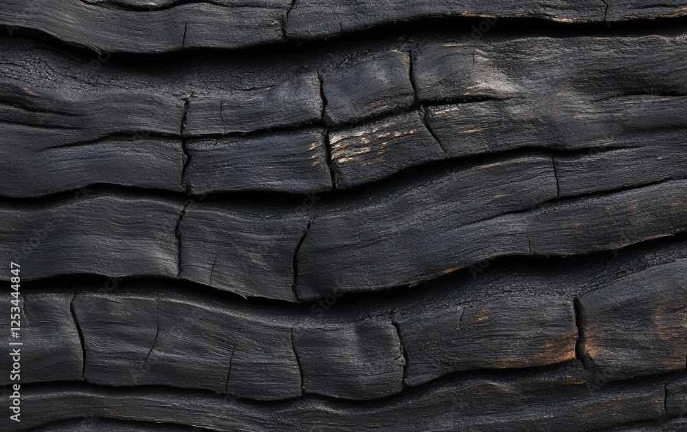 Poster close up of burnt charred wood with deep cracks and blackened texture creating a dramatic abstract b