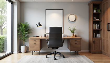 Modern Wooden Office Desk. AI Generation.