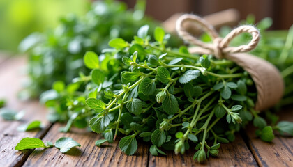Fresh Green Herbs Bunch on Wooden Surface. AI Generation.