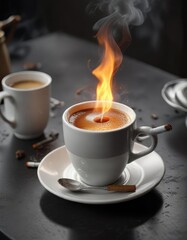 Fototapeta premium A steaming hot coffee cup with a cigarette burning on the saucer , liquid, cozy atmosphere