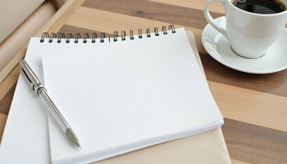 Blank White Notepad with Coffee Cup. AI Generation.