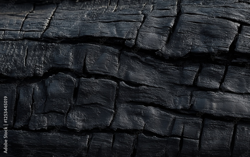 Poster burnt wood with deep cracks and a black charred surface creating a dramatic abstract texture for des