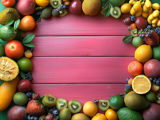 A vibrant array of juicy tropical fruit sprawls on the pink background, Tropical freshness and color. Generative Ai
