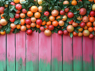 A vibrant array of juicy tropical fruit sprawls on the pink background, Tropical freshness and color. Generative Ai