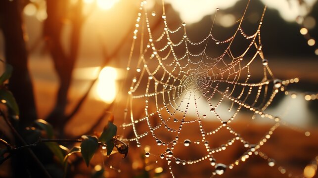 Soft morning light illuminating dewdrops on a spiderweb stretched across tree branches. - Powered by Adobe