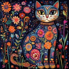 Colorful cat patterned with floral design