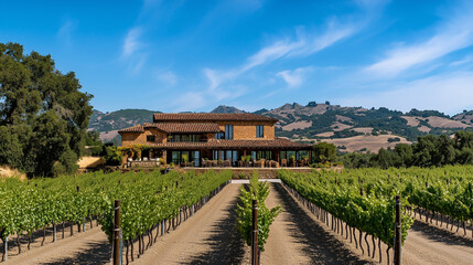 Naklejka premium A landscape image showcases a beautiful vineyard leading to a luxury home under a blue sky. This idyllic scene could be used for themes like travel, real estate, or wine.