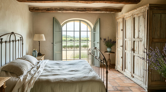 Chambre proven&ccedil;ale rustique et &eacute;l&eacute;gante avec lit en fer forg&eacute;