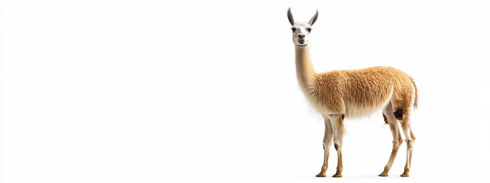 A majestic llama with a fluffy coat standing gracefully against a clean white background. - Powered by Adobe