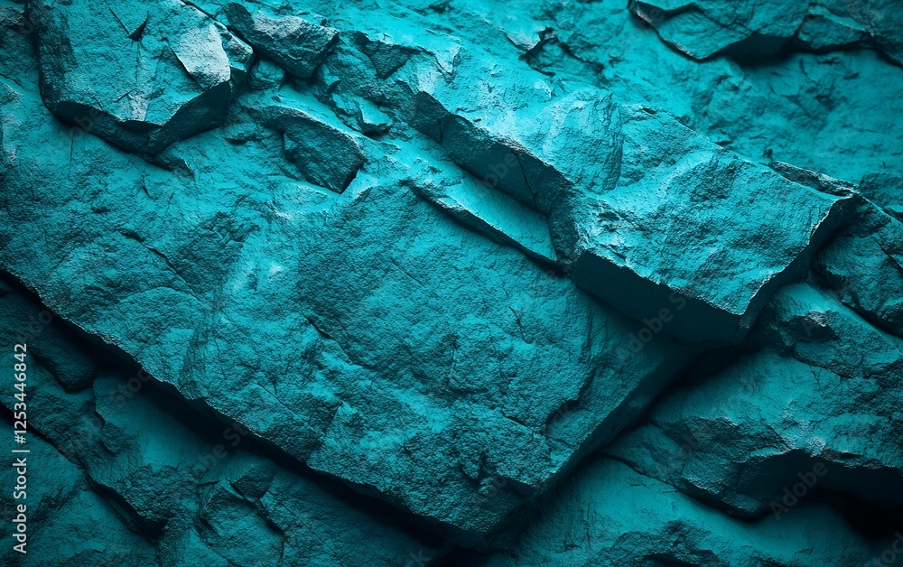 Poster natural textured turquoise rock surface with cracked geological layers and deep rugged formation for