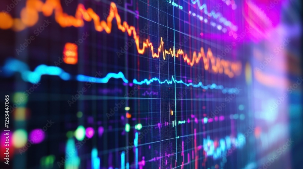 Poster colorful digital graphs and charts illuminate the screen, showcasing dynamic data trends and analysi