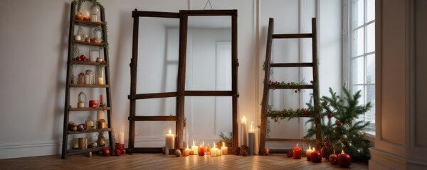 Ladder against a large mirror with Christmas decorations and candles, holiday decor, snowflakes, wooden ladder