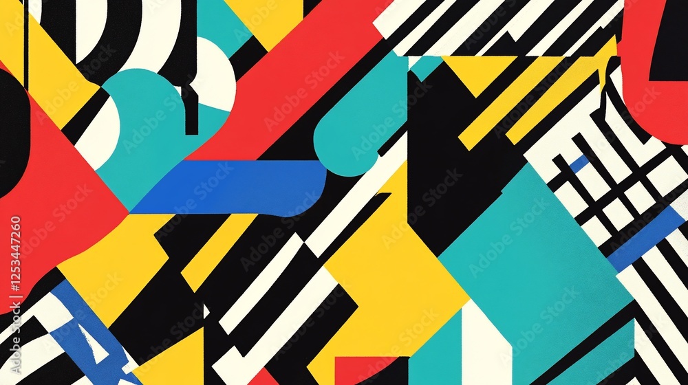 Poster abstract geometric pattern with bold primary colors, dynamic shapes and contrasting lines