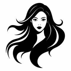 Elegant Woman Silhouette: Long Flowing Hair, Graceful Pose, Isolated on White Background, Perfect   