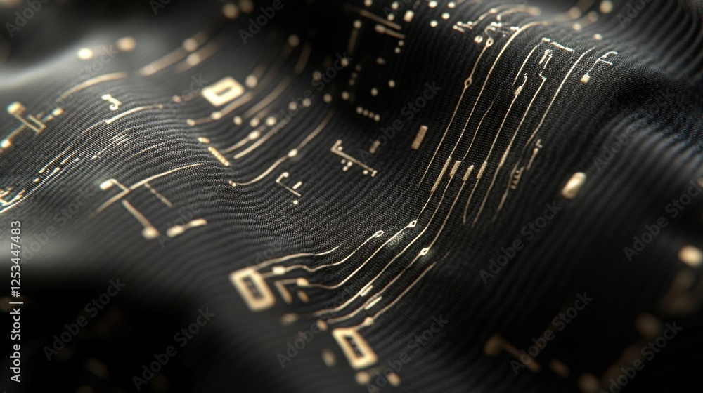 Poster close up of intricate circuit patterns resembling electronic circuits on a textured black fabric sur