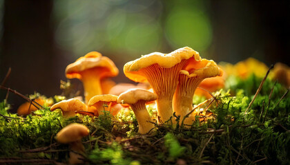 Pfifferlinge: Nahaufnahme mit Sch&auml;rfentiefe, leuchtend gelb-orange, trichterf&ouml;rmige Pilze, fruchtig und erdig, ideal f&uuml;r kulinarische Kreationen