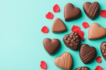 Obraz premium A delightful arrangement of heart-shaped chocolates surrounded by rose petals on a vibrant turquoise background.