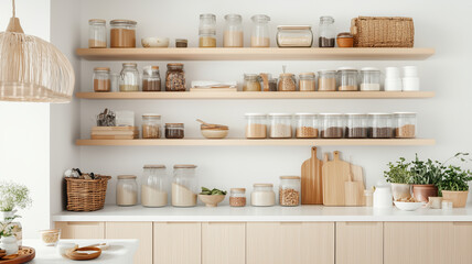 modern kitchen shelf filled with various jars, containers, and plants, showcasing organized ingredients and warm, inviting atmosphere