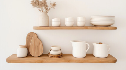 Minimalist kitchen shelves display ceramic dishes, wooden decor, and vases, creating serene and organized atmosphere. Perfect for modern home aesthetics