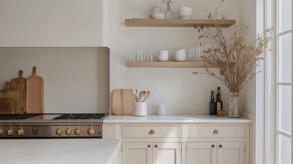 modern kitchen featuring white cabinetry, wooden shelves, and minimalist decor. space is bright and airy, showcasing blend of functionality and style