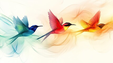 Abstract birds in vibrant colors soar gracefully against a soft background, ideal for artistic, dynamic imagery, adding beauty and elegance to creative and inspirational projects.