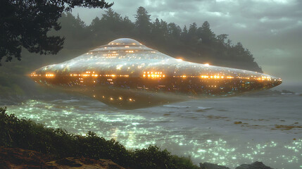 Mysterious alien spaceship hovering low over a tranquil coastal scene at twilight.  Ethereal glow illuminates the water. Perfect for science fiction, fantasy, or mystery themes.