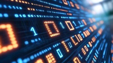 Abstract Binary Code, Digital Display Blue, Violet, and Yellow with Bokeh and Smooth Transitions