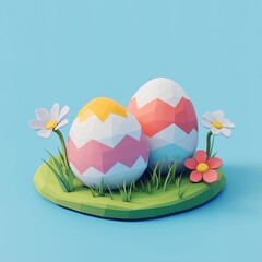 A cartoon-style icon of two Easter eggs with flowers on the grass in pastel colors.