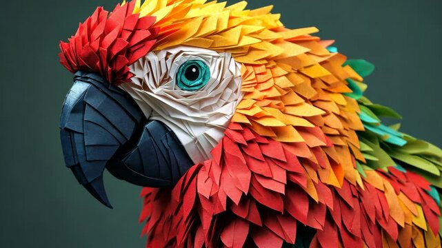 Vibrant paper parrot art showcases detailed craftsmanship in colorful design