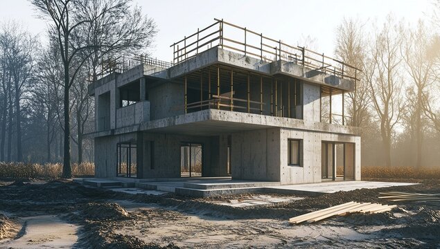 Modern Concrete House Under Construction in a Wooded Area