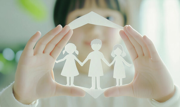 Assicurazione. Mani che proteggono una famiglia o persone care. Avere cura di.