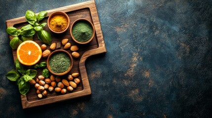 A wooden platter with spices, nuts, and herbs, showcasing natural ingredients for cooking.