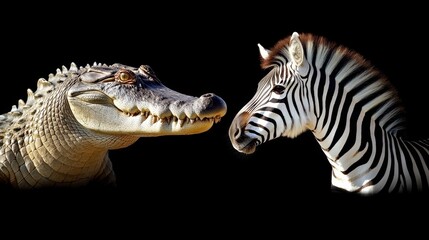 Crocodile and Zebra A Striking Study in Contrast Against a Black Background, Wildlife Portrait