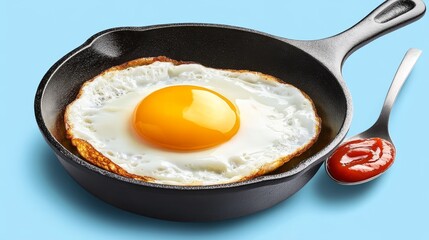 A perfectly cooked sunny-side-up egg in a cast-iron skillet with a spoonful of ketchup on a blue background