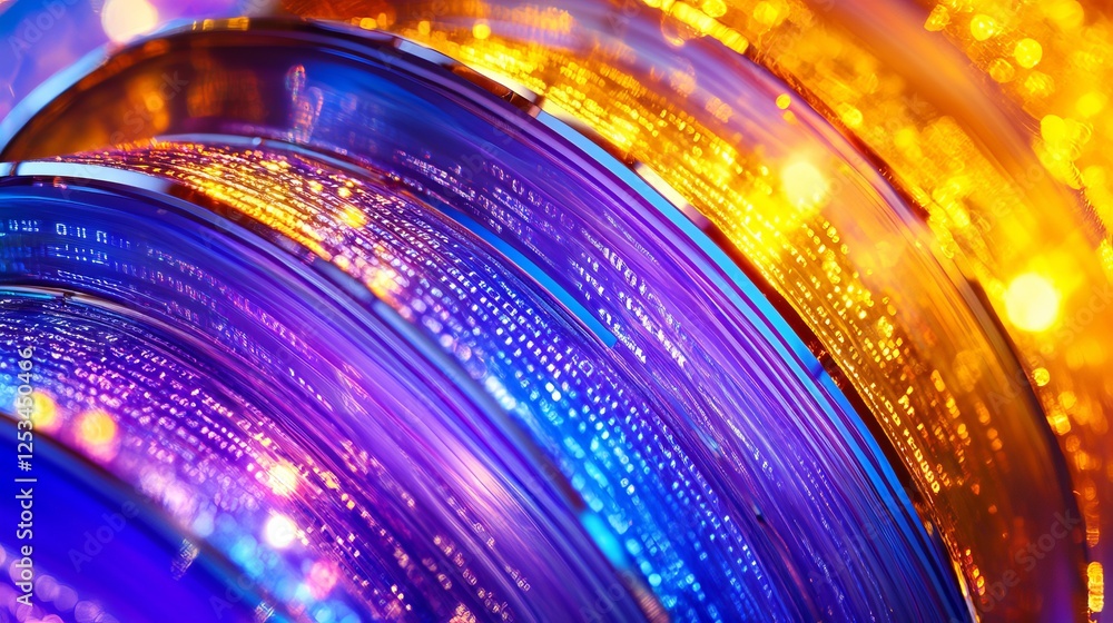Poster abstract binary code, digital screen display with vibrant electric blue, violet, and yellow colors