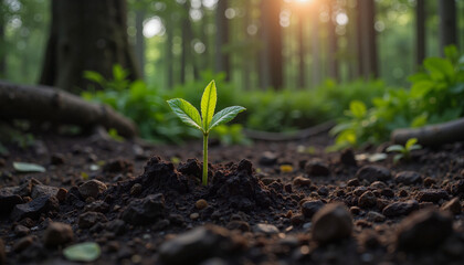 Lone seedling emerging from dark soil in sunlit forest, renewal
