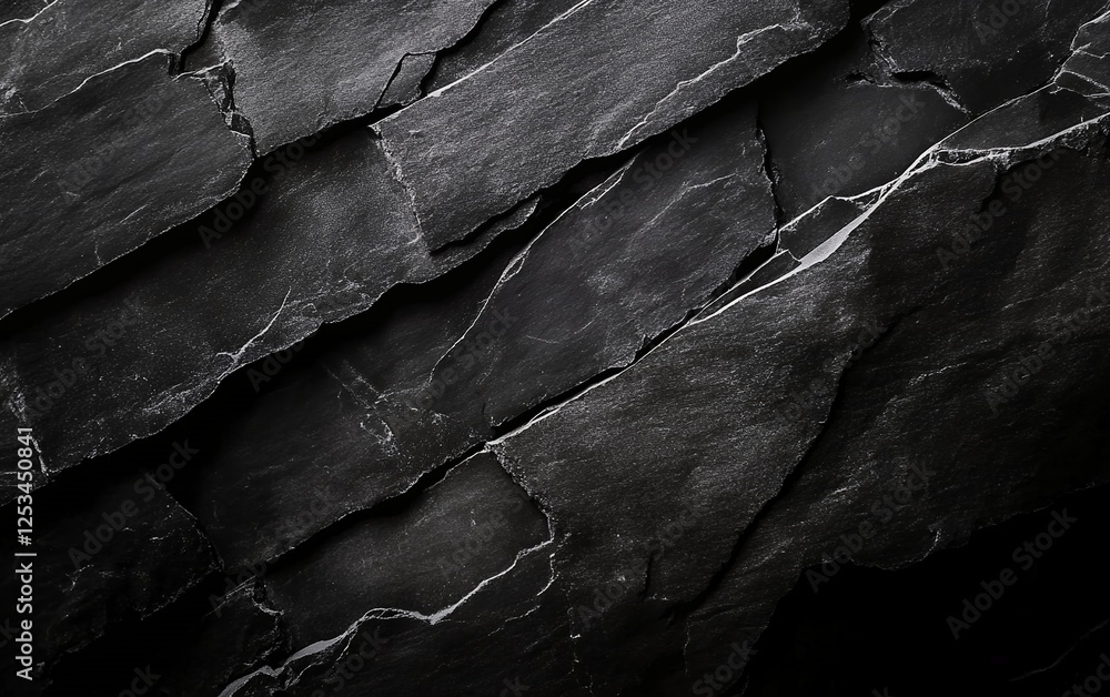 Poster raw and rugged black stone surface with deep cracks and natural patterns creating a bold and earthy 