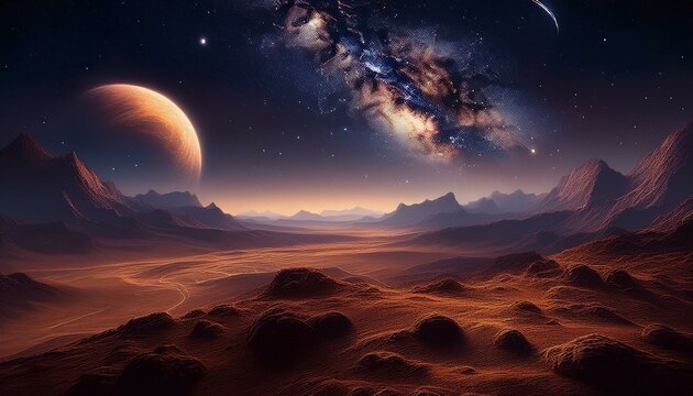 venus landscapes concept, the venus surface with dark night universe in background with stars