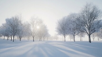 Obraz premium Winter's Serene Embrace A Snowy Forest Landscape with Bare Trees and Soft Sunlight