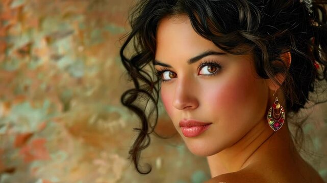 Elegant portrait of a woman in traditional spanish attire with ornate earrings against textured background AI
