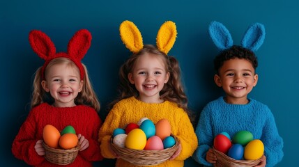 Three children, wearing bunny ear headbands, holding a basket filled with Easter eggs.